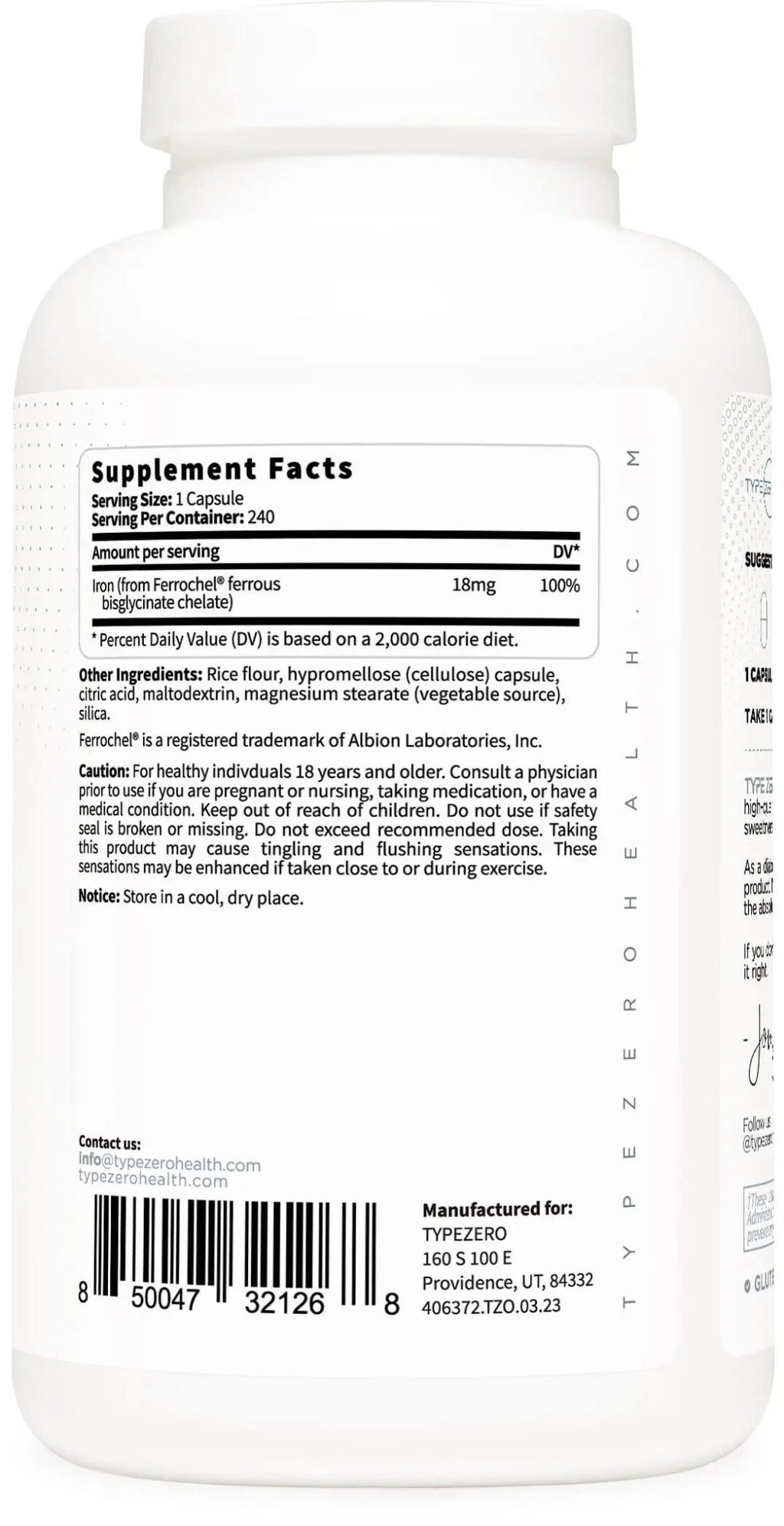 Type Zero Iron Chelate Capsules (18 MG, 240 CAPS) from Ferrochel Ferrous Bisglycinate Chelate - Non-GMO and Gluten Free - TrustMedUSA