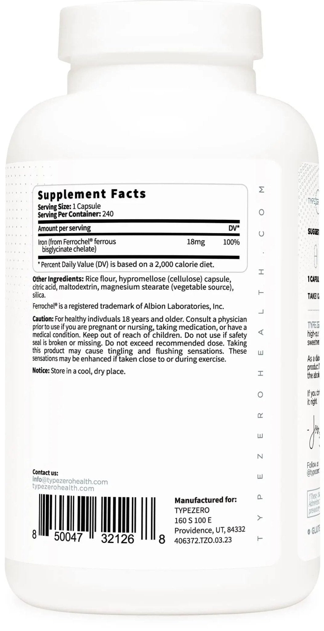 Type Zero Iron Chelate Capsules (18 MG, 240 CAPS) from Ferrochel Ferrous Bisglycinate Chelate - Non-GMO and Gluten Free - TrustMedUSA