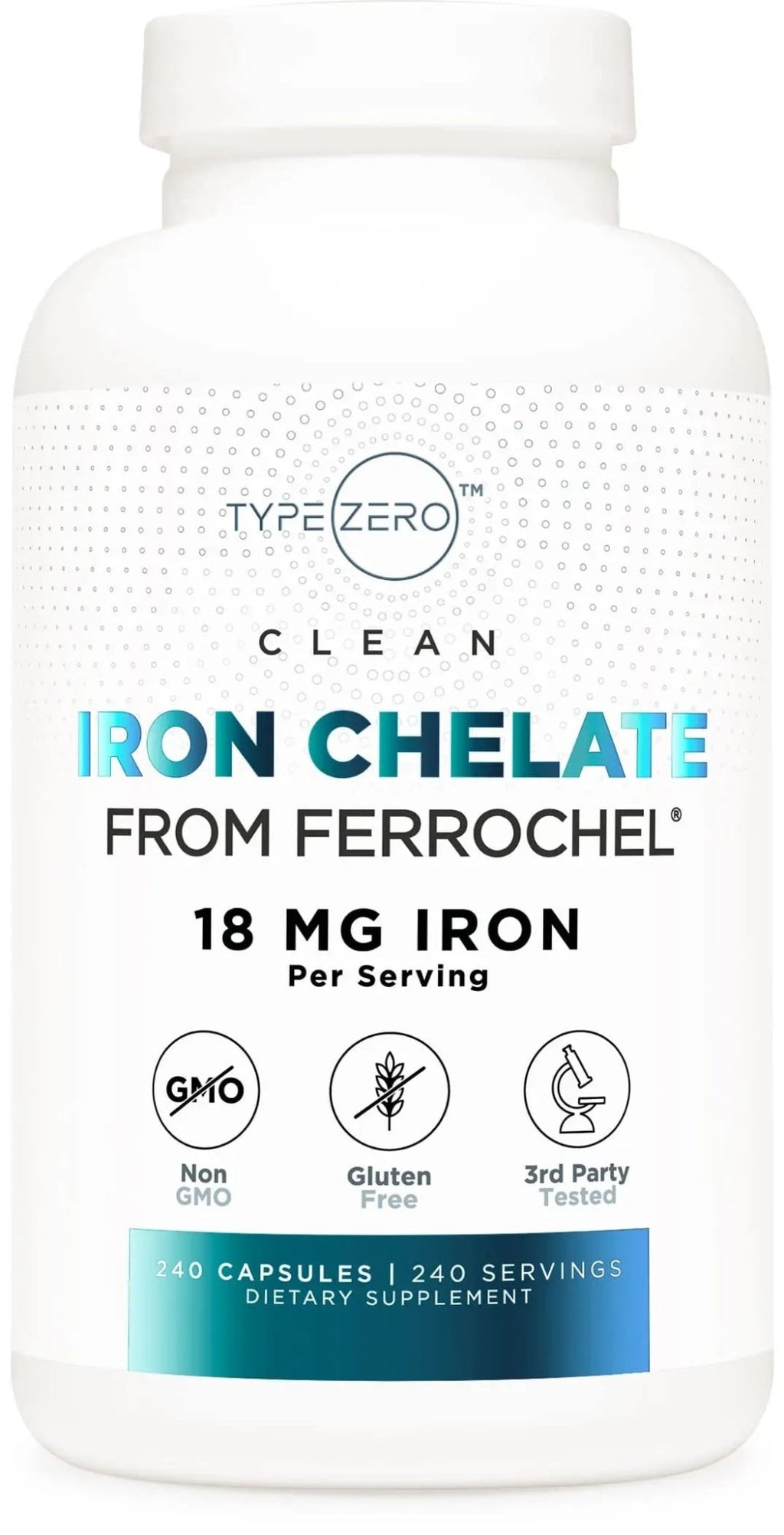 Type Zero Iron Chelate Capsules (18 MG, 240 CAPS) from Ferrochel Ferrous Bisglycinate Chelate - Non-GMO and Gluten Free - TrustMedUSA