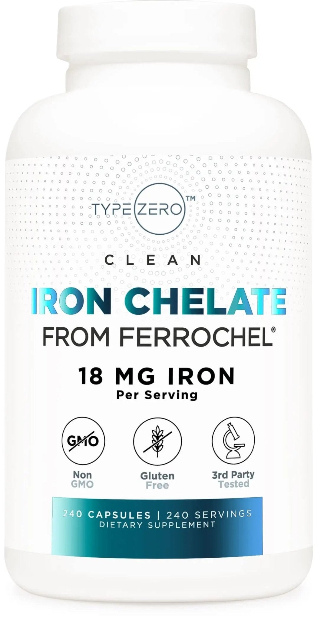 Type Zero Iron Chelate Capsules (18 MG, 240 CAPS) from Ferrochel Ferrous Bisglycinate Chelate - Non-GMO and Gluten Free - TrustMedUSA