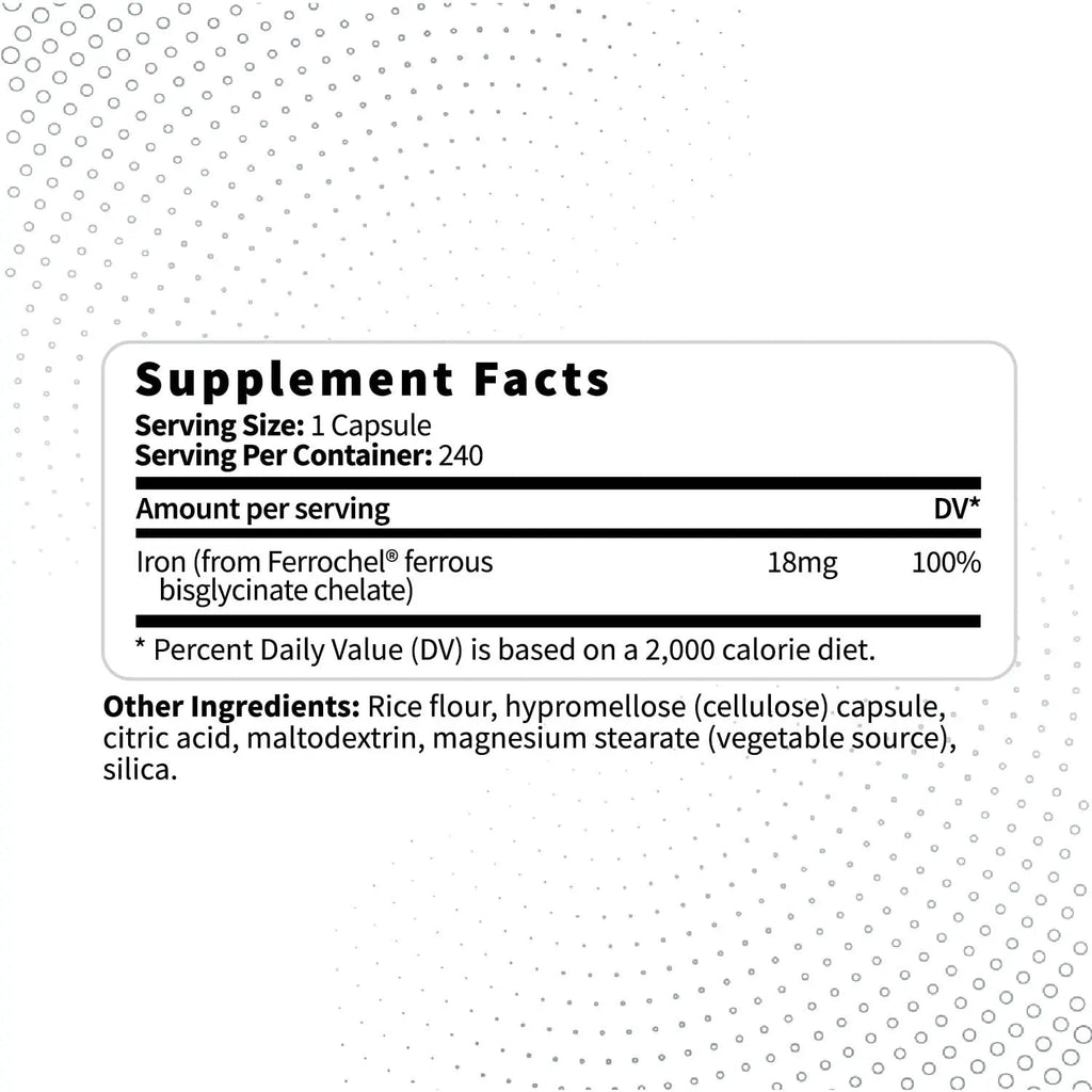 Type Zero Iron Chelate Capsules (18 MG, 240 CAPS) from Ferrochel Ferrous Bisglycinate Chelate - Non-GMO and Gluten Free - TrustMedUSA