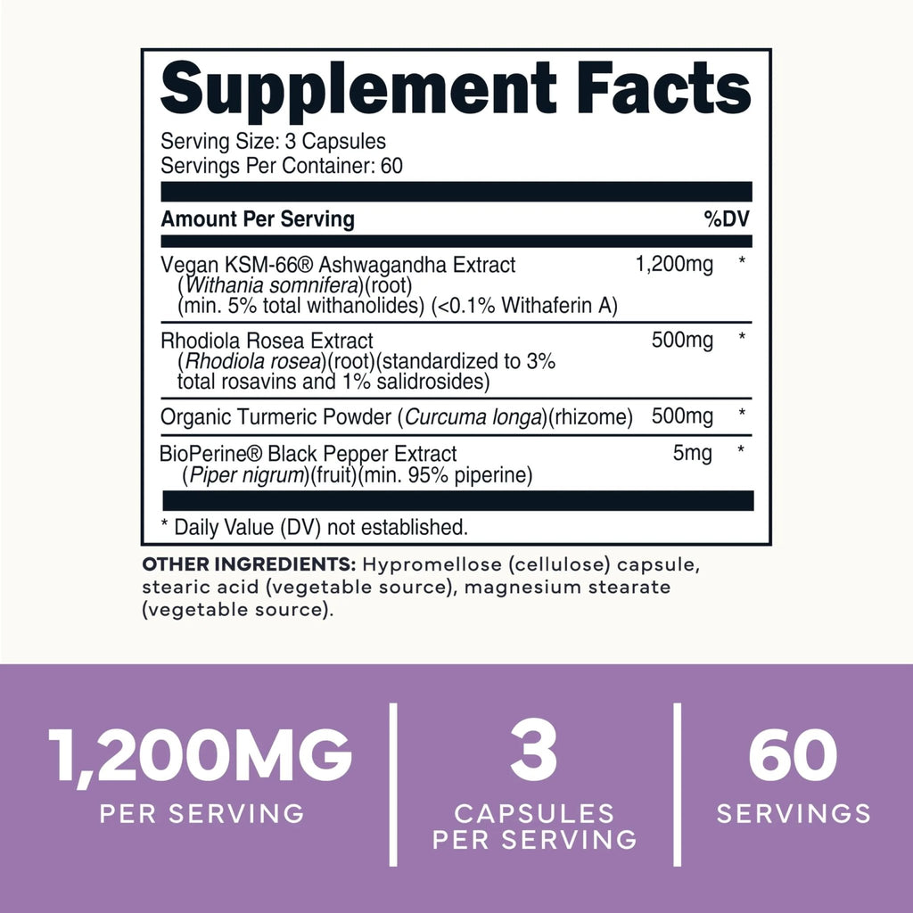 Type Zero KSM-66 Ashwagandha Root Extract 1,200mg, 60 Servings - High Potency 5% Withanolides - with Turmeric, Rhodiola Rosea and BioPerine Black Pepper Extract - 180 Veggie Caps - TrustMedUSA