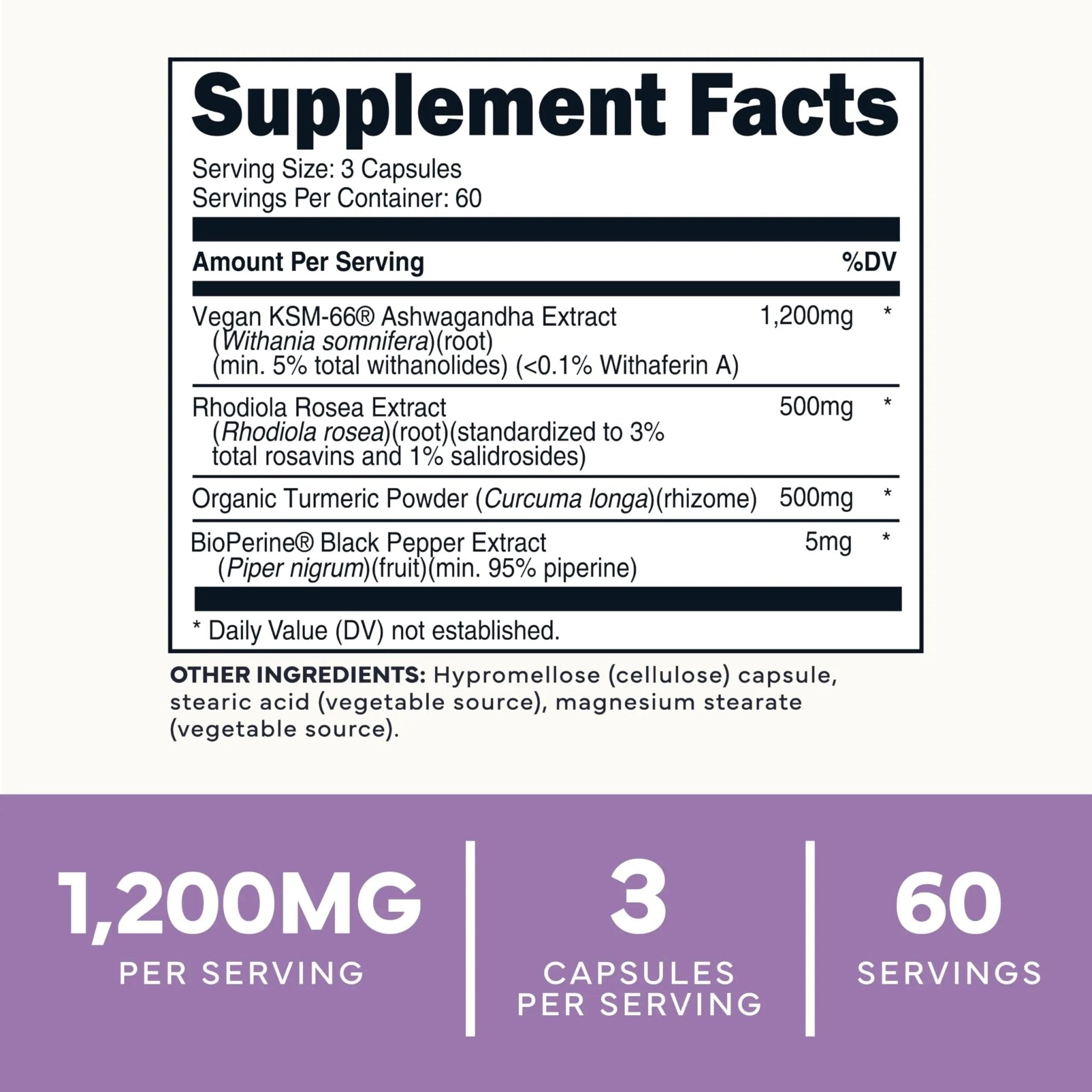 Type Zero KSM-66 Ashwagandha Root Extract 1,200mg, 60 Servings - High Potency 5% Withanolides - with Turmeric, Rhodiola Rosea and BioPerine Black Pepper Extract - 180 Veggie Caps - TrustMedUSA