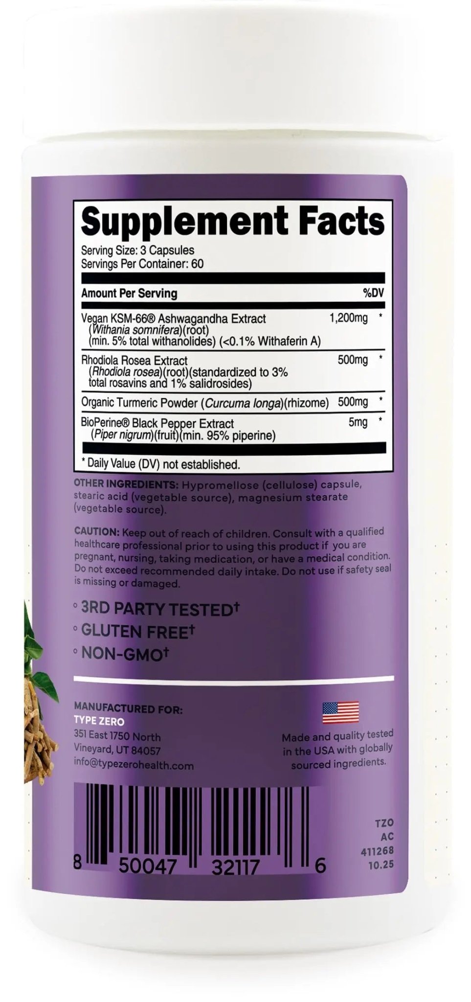 Type Zero KSM-66 Ashwagandha Root Extract 1,200mg, 60 Servings - High Potency 5% Withanolides - with Turmeric, Rhodiola Rosea and BioPerine Black Pepper Extract - 180 Veggie Caps - TrustMedUSA
