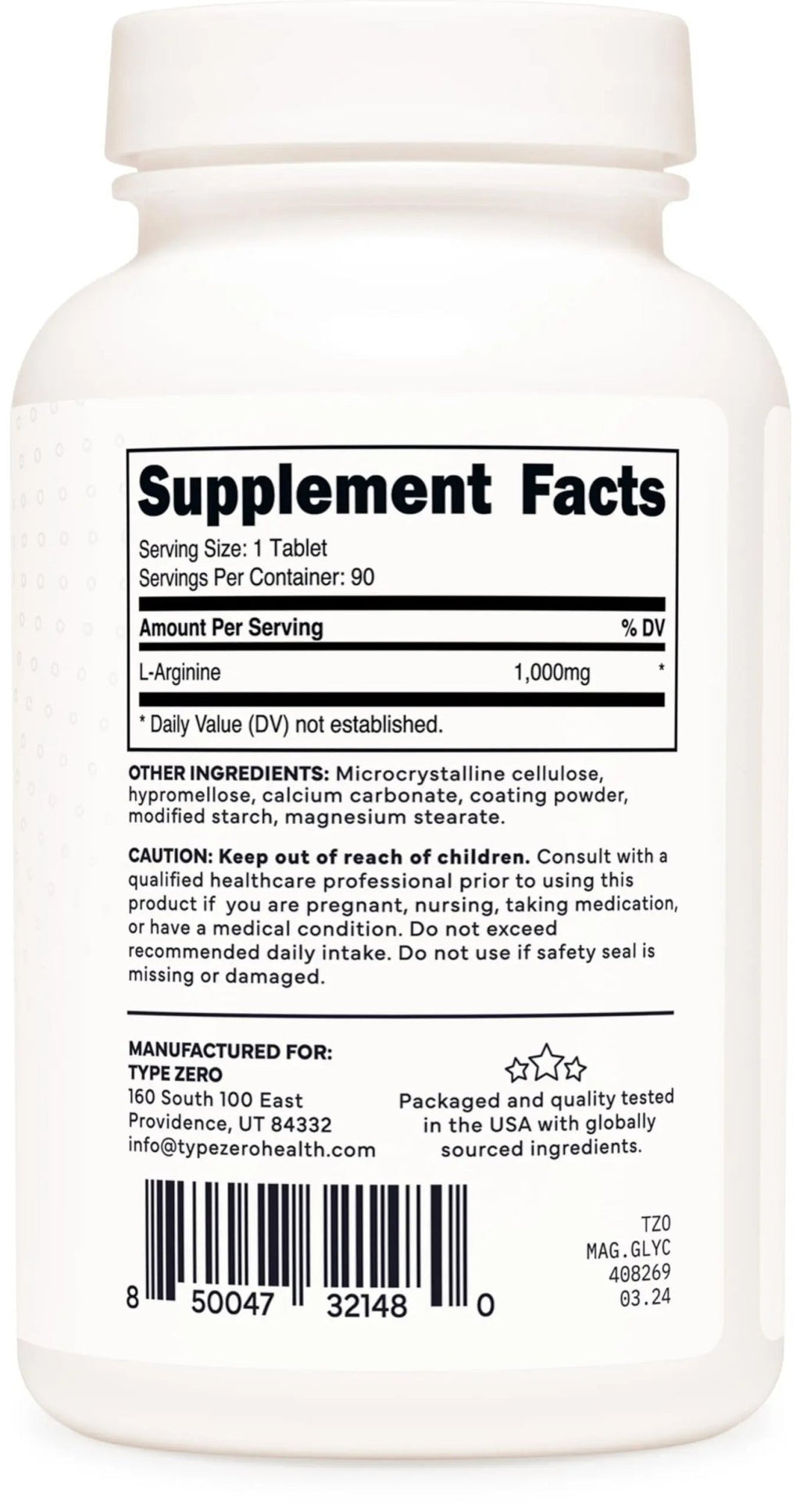 Type Zero L-Arginine 90 Tablets 1,000 mg per Serving - Non-GMO - TrustMedUSA