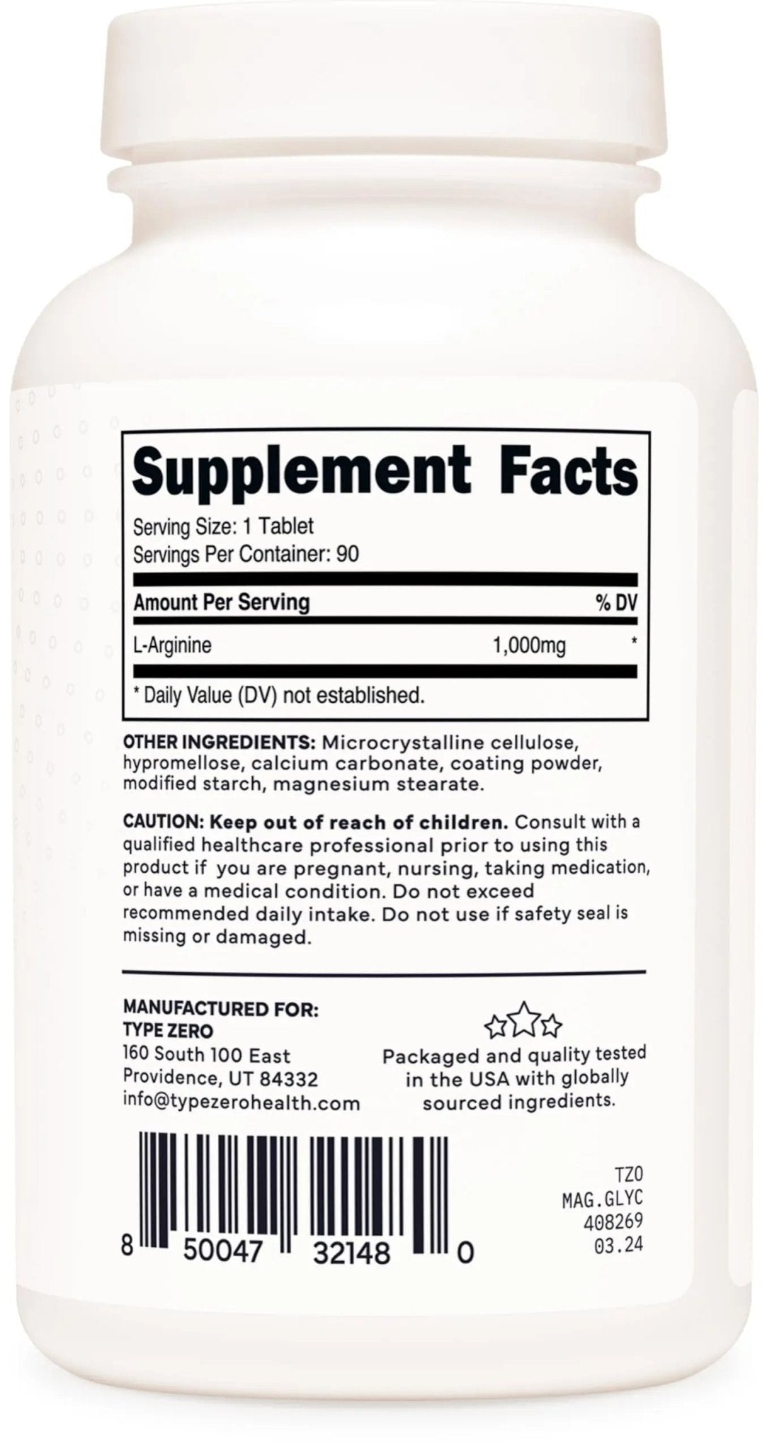 Type Zero L-Arginine 90 Tablets 1,000 mg per Serving - Non-GMO - TrustMedUSA
