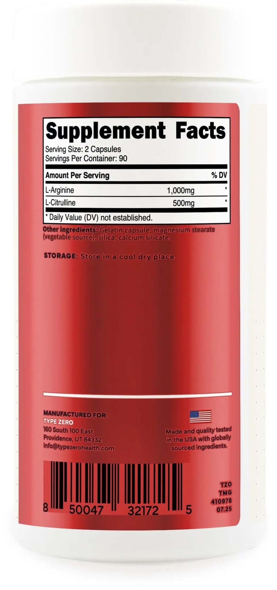 Type Zero L-Arginine + L-Citrulline Supplement (1500mg) - Nitric Oxide Booster - Clean, Keto-Friendly, GMO-Free, 180 Capsules, 90 Servings - TrustMedUSA