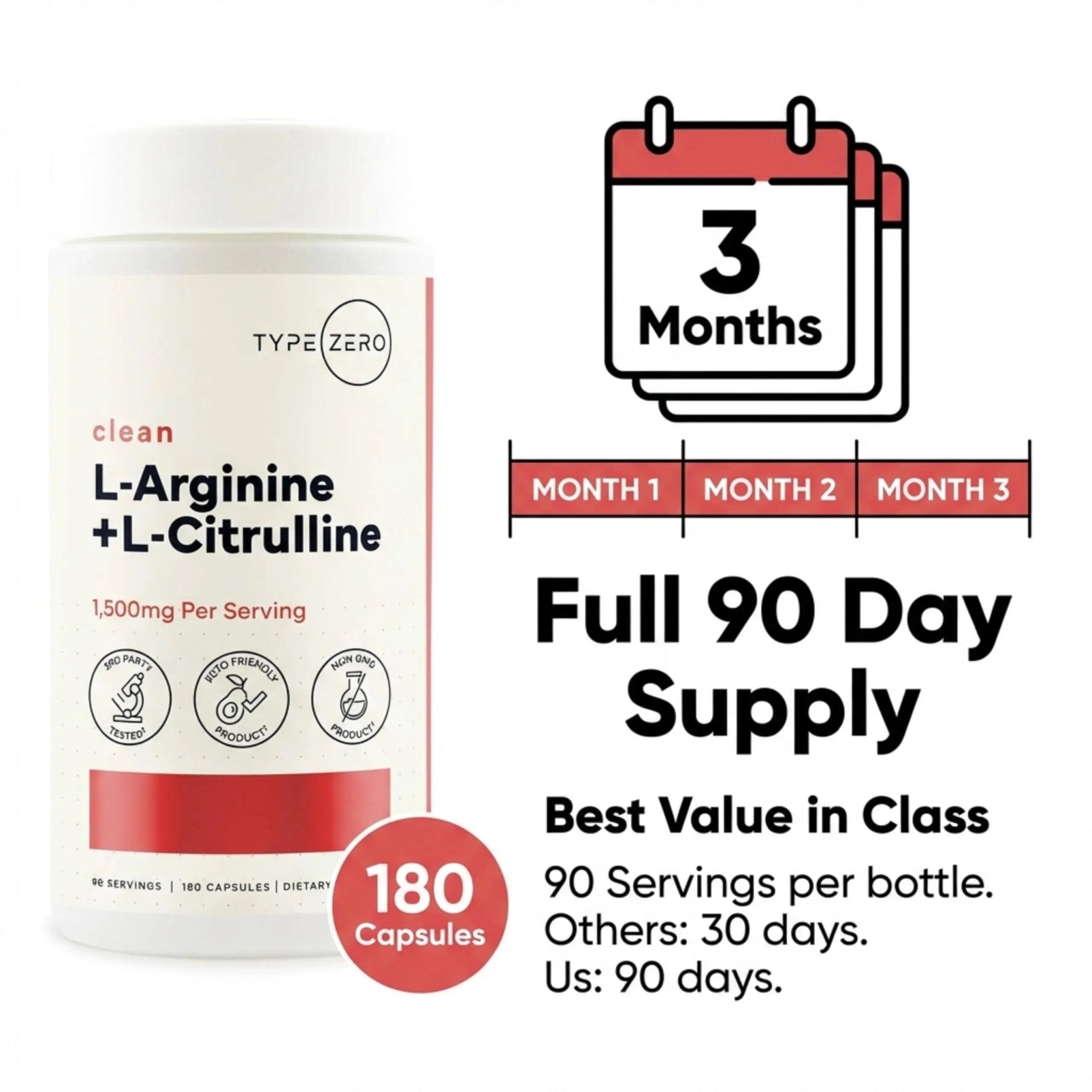 Type Zero L-Arginine + L-Citrulline Supplement (1500mg) - Nitric Oxide Booster - Clean, Keto-Friendly, GMO-Free, 180 Capsules, 90 Servings - TrustMedUSA