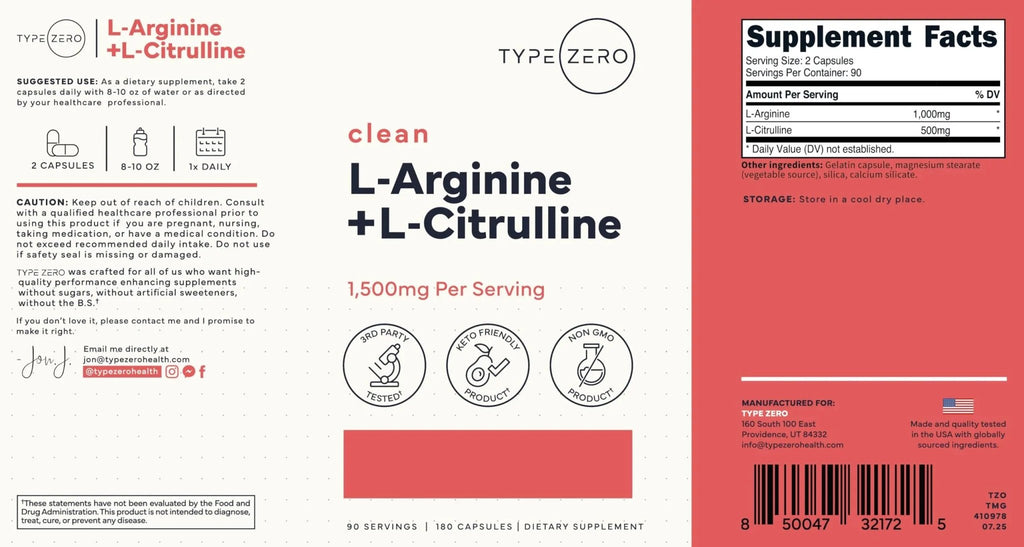 Type Zero L-Arginine + L-Citrulline Supplement (1500mg) - Nitric Oxide Booster - Clean, Keto-Friendly, GMO-Free, 180 Capsules, 90 Servings - TrustMedUSA