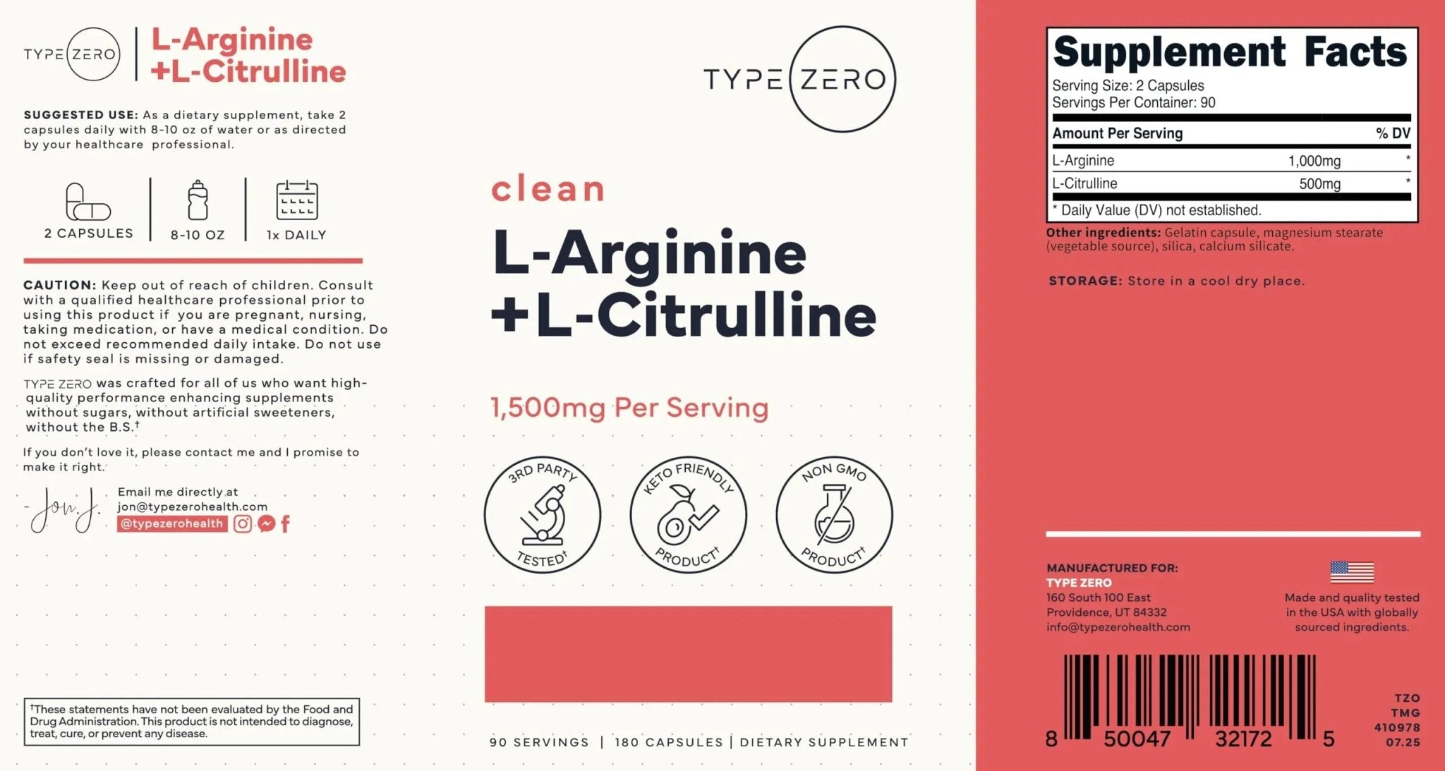 Type Zero L-Arginine + L-Citrulline Supplement (1500mg) - Nitric Oxide Booster - Clean, Keto-Friendly, GMO-Free, 180 Capsules, 90 Servings - TrustMedUSA