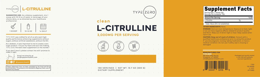Type Zero L-Citrulline Base Powder, 3,000mg Per Serving - 100 Servings - TrustMedUSA