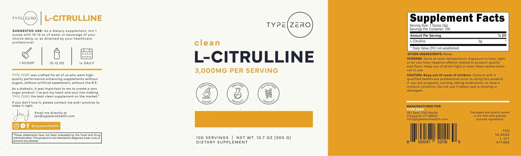 Type Zero L-Citrulline Base Powder, 3,000mg Per Serving - 100 Servings - TrustMedUSA
