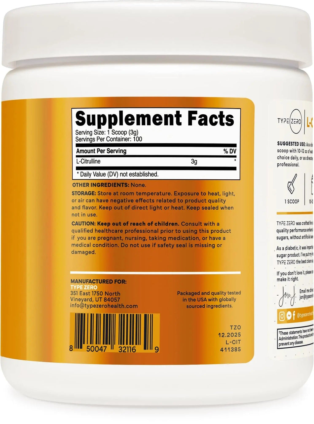Type Zero L-Citrulline Base Powder, 3,000mg Per Serving - 100 Servings - TrustMedUSA
