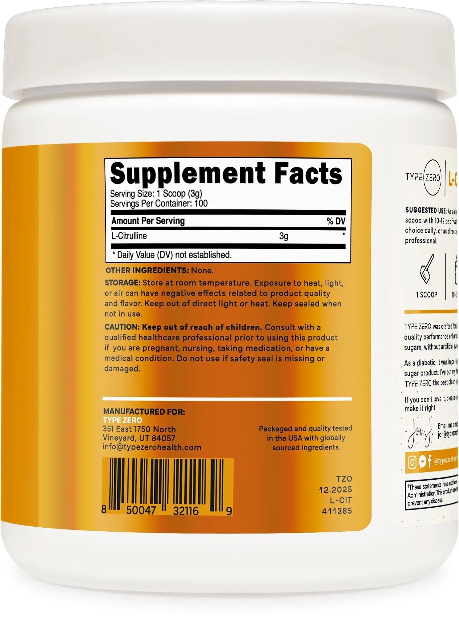 Type Zero L-Citrulline Base Powder, 3,000mg Per Serving - 100 Servings - TrustMedUSA