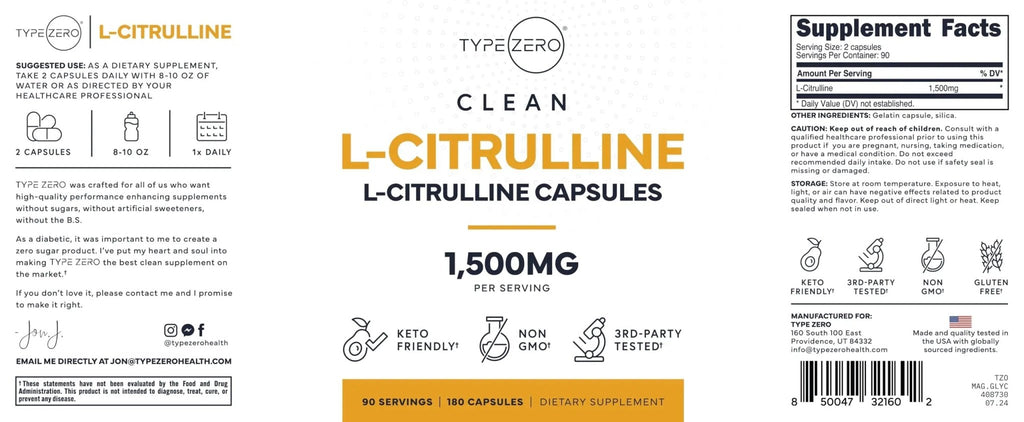 Type Zero L-Citrulline Capsules (180 Capsules) (1500 mg per Serving) - GMO-Free - TrustMedUSA