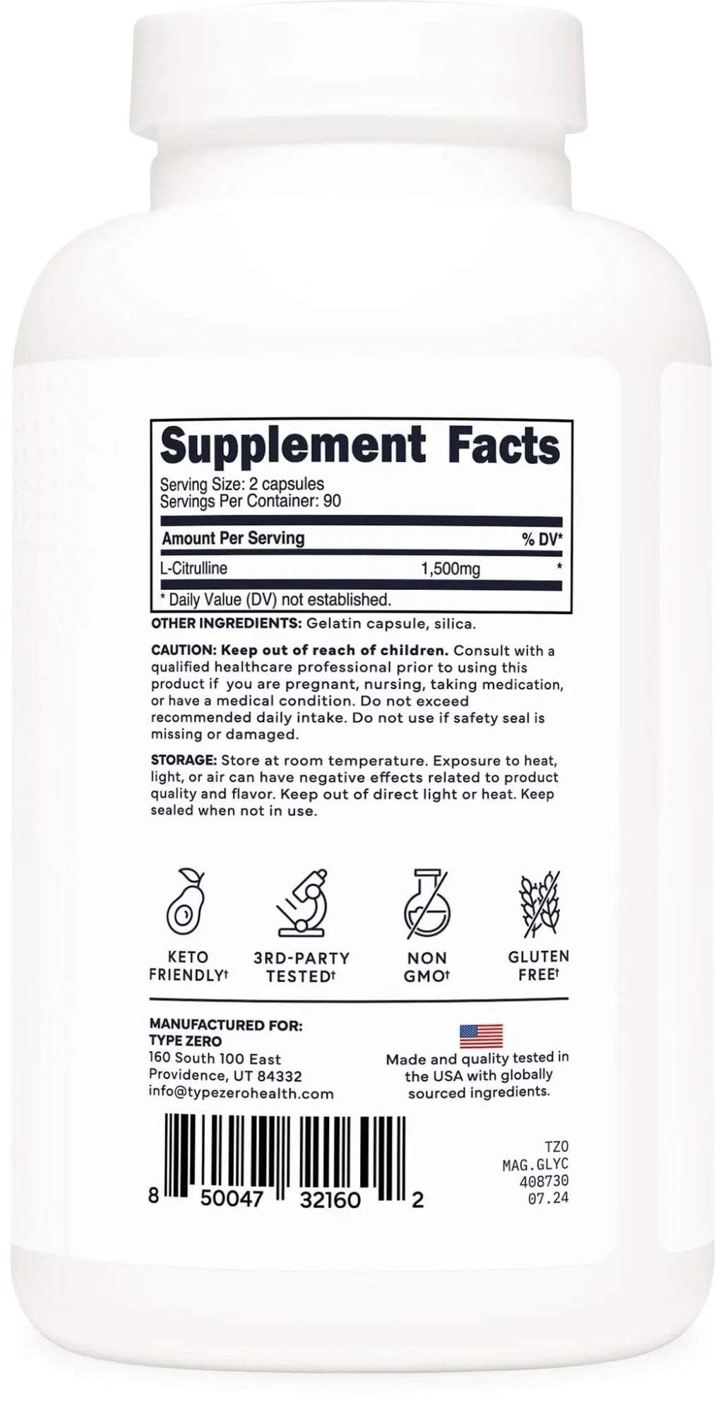 Type Zero L-Citrulline Capsules (180 Capsules) (1500 mg per Serving) - GMO-Free - TrustMedUSA