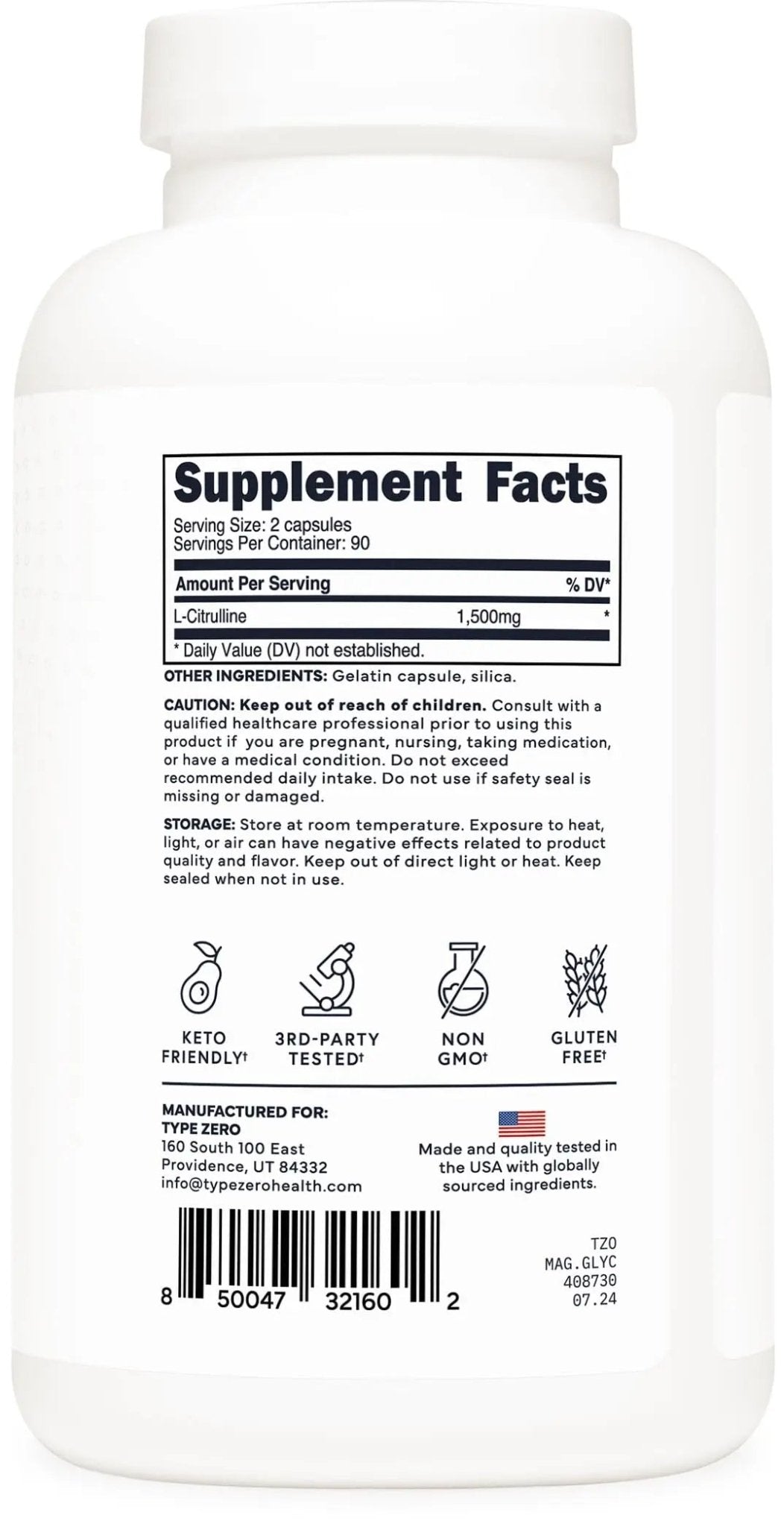 Type Zero L-Citrulline Capsules (180 Capsules) (1500 mg per Serving) - GMO-Free - TrustMedUSA