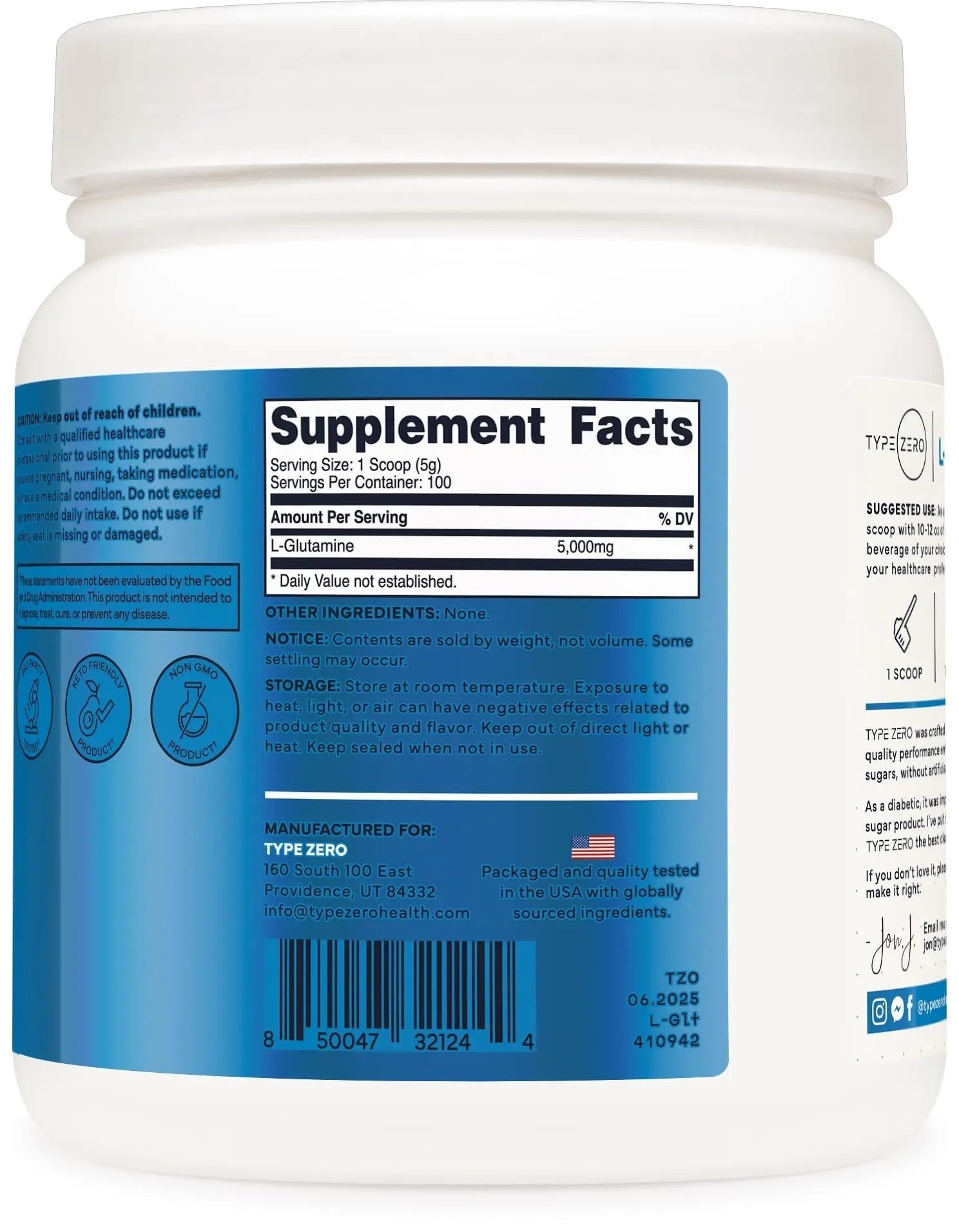 Type Zero L-Glutamine Powder (500G) 3-Month Supply Pure L-Glutamine Supplement - Vegan, Gluten Free, No Fillers - TrustMedUSA