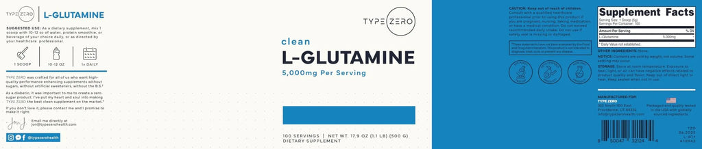 Type Zero L-Glutamine Powder (500G) 3-Month Supply Pure L-Glutamine Supplement - Vegan, Gluten Free, No Fillers - TrustMedUSA