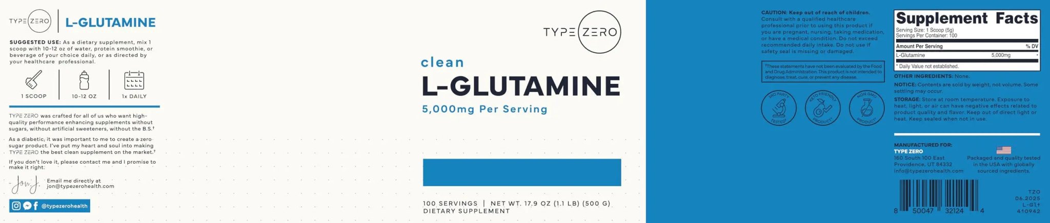 Type Zero L-Glutamine Powder (500G) 3-Month Supply Pure L-Glutamine Supplement - Vegan, Gluten Free, No Fillers - TrustMedUSA