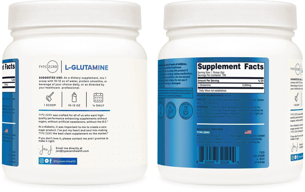 Type Zero L-Glutamine Powder (500G) 3-Month Supply Pure L-Glutamine Supplement - Vegan, Gluten Free, No Fillers - TrustMedUSA