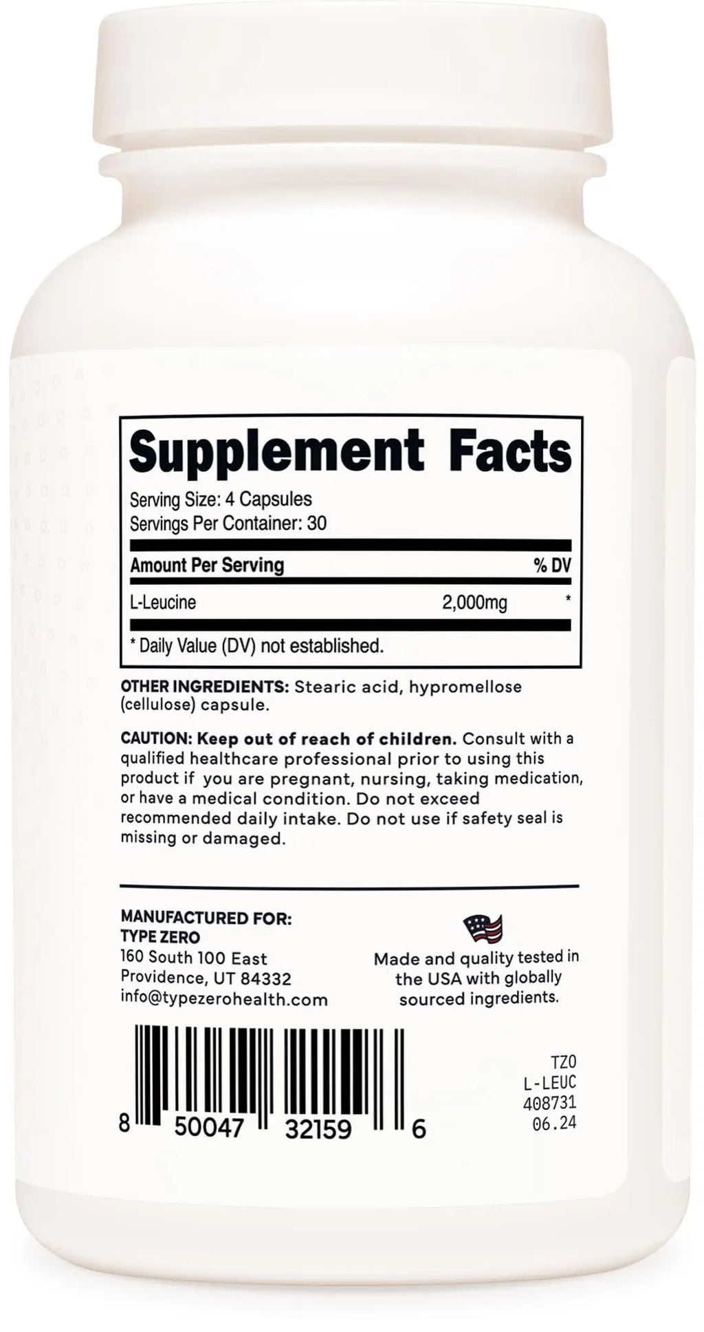 Type Zero L-Leucine Capsules (2000mg per Serving) 120 Capsules - 30 Servings - TrustMedUSA