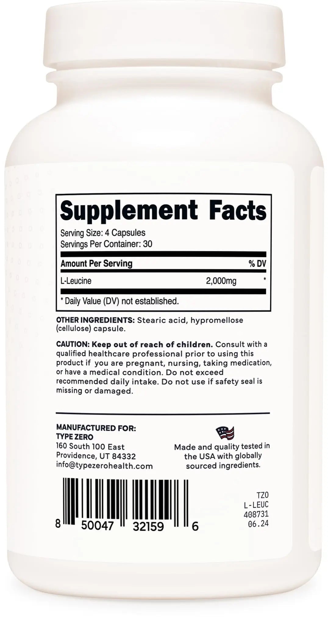 Type Zero L-Leucine Capsules (2000mg per Serving) 120 Capsules - 30 Servings - TrustMedUSA