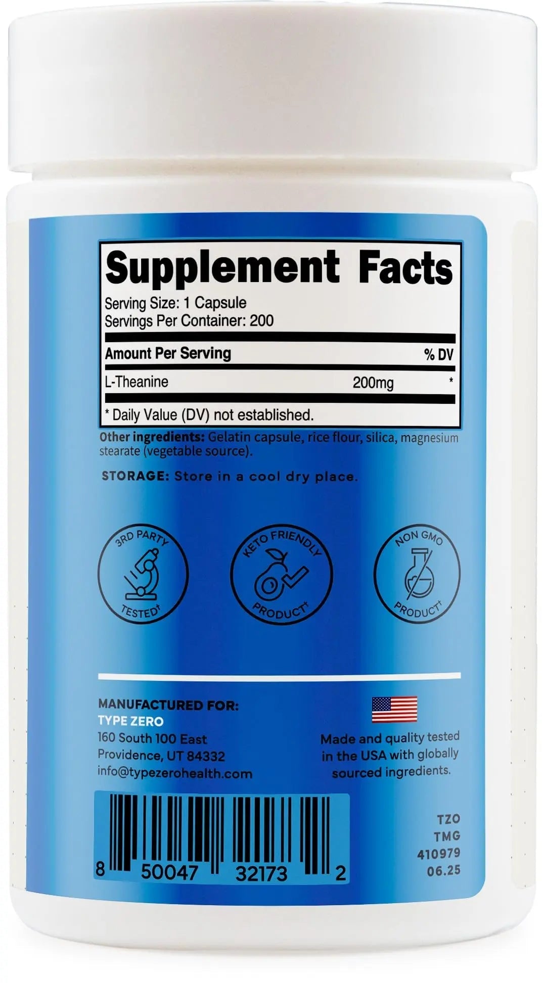 Type Zero L-Theanine (200mg) 200 Capsules - Clean L-Theanine Supplement, Keto, GMO-Free - TrustMedUSA