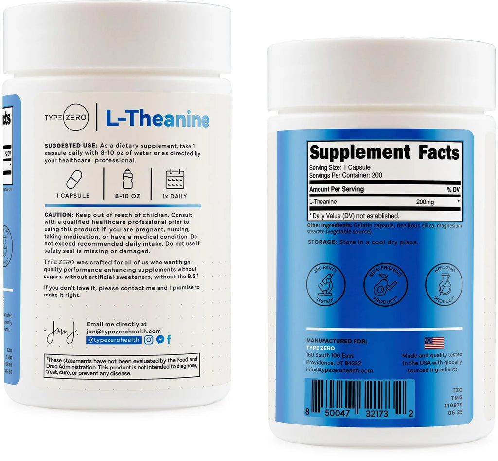 Type Zero L-Theanine (200mg) 200 Capsules - Clean L-Theanine Supplement, Keto, GMO-Free - TrustMedUSA