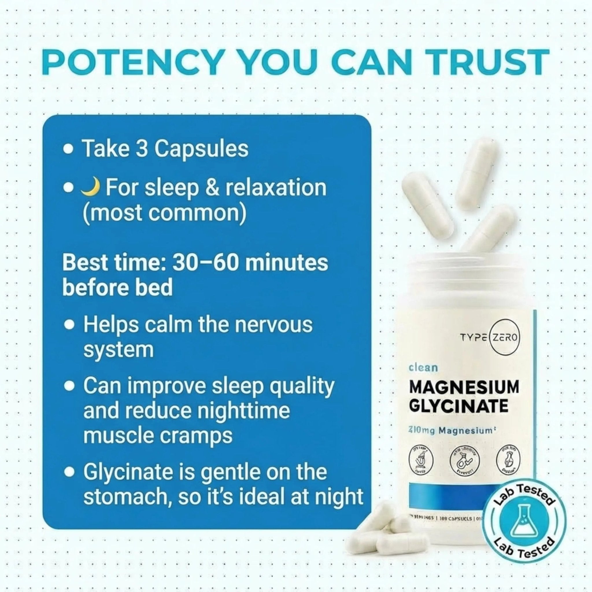 Type Zero Magnesium Glycinate (210mg | 180 Capsules) Pure, Non-GMO, Gluten Free, Natural High Absorption Magnesium Supplement - TrustMedUSA
