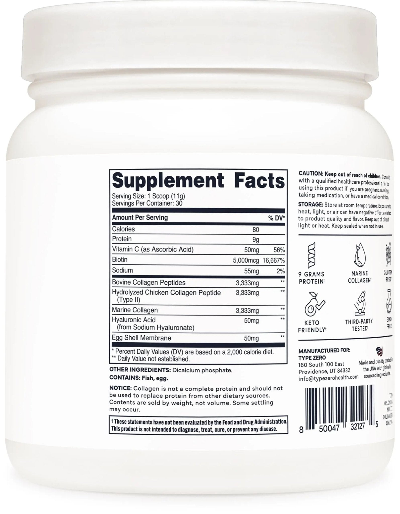 Type Zero Multi Collagen Powder 30 Servings (Unflavored) - Types I, II, III, V, & X Collagen Peptides + Hyaluronic Acid, VIT C, Biotin - TrustMedUSA
