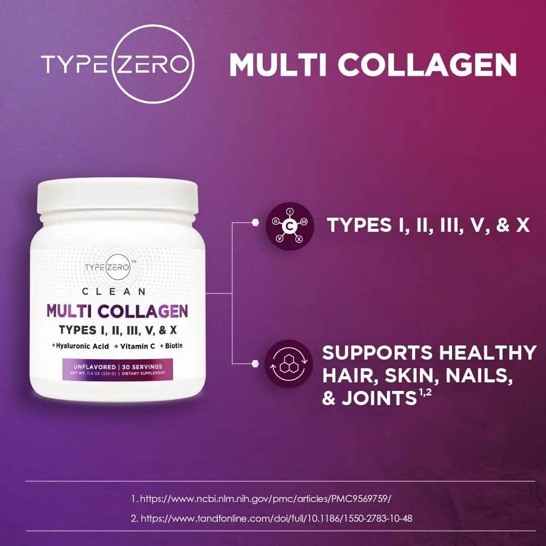 Type Zero Multi Collagen Powder 30 Servings (Unflavored) - Types I, II, III, V, & X Collagen Peptides + Hyaluronic Acid, VIT C, Biotin - TrustMedUSA