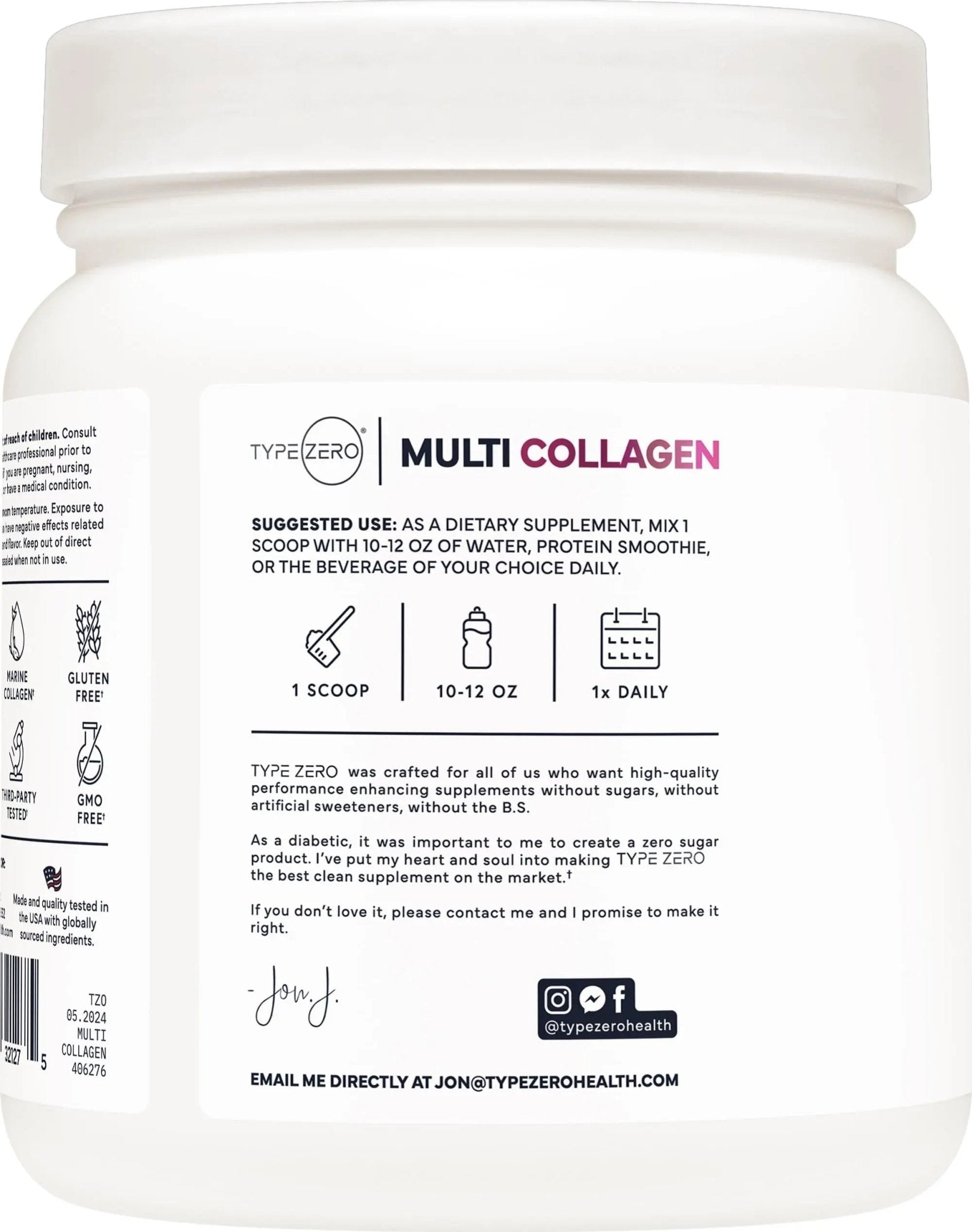 Type Zero Multi Collagen Powder 30 Servings (Unflavored) - Types I, II, III, V, & X Collagen Peptides + Hyaluronic Acid, VIT C, Biotin - TrustMedUSA