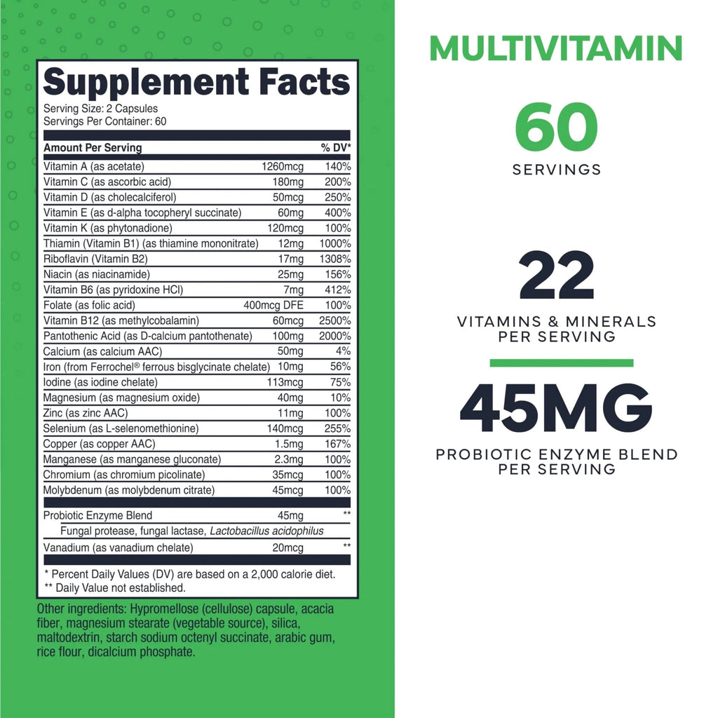 Type Zero Multivitamin Capsules (120 Capsules) (1300 mg) - with Probiotics + 22 Vitamins and Minerals, GMO-Free - TrustMedUSA
