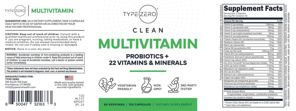 Type Zero Multivitamin Capsules (120 Capsules) (1300 mg) - with Probiotics + 22 Vitamins and Minerals, GMO-Free - TrustMedUSA