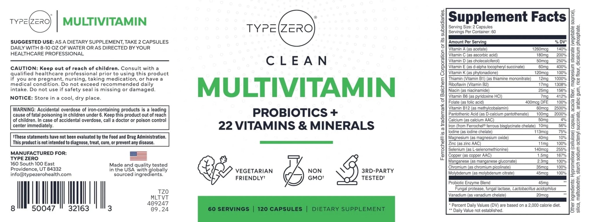 Type Zero Multivitamin Capsules (120 Capsules) (1300 mg) - with Probiotics + 22 Vitamins and Minerals, GMO-Free - TrustMedUSA