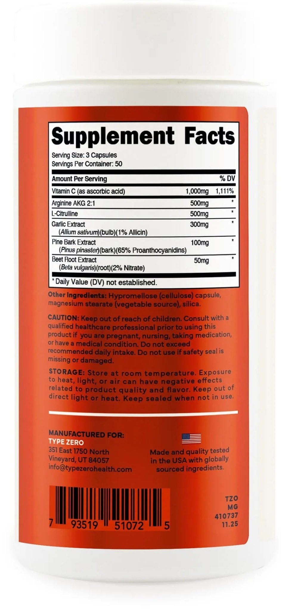 Type Zero Nitric Oxide 6X Booster, 150 Veggie Capsules - Natural Supplement - Beetroot, Arginine AKG, Citrulline, Pine Bark, Garlic & VIT C | Nitrous Oxide - TrustMedUSA