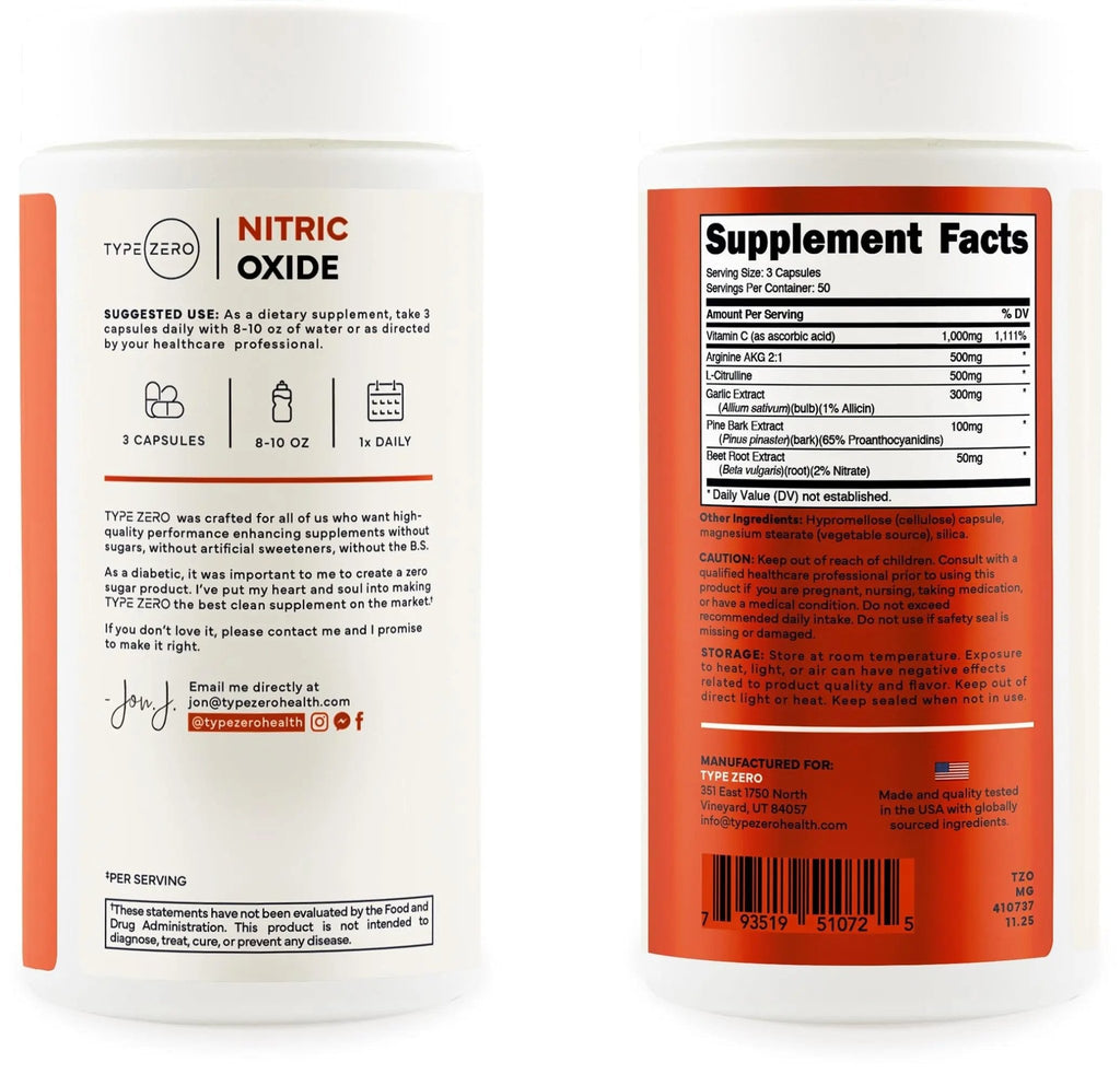 Type Zero Nitric Oxide 6X Booster, 150 Veggie Capsules - Natural Supplement - Beetroot, Arginine AKG, Citrulline, Pine Bark, Garlic & VIT C | Nitrous Oxide - TrustMedUSA