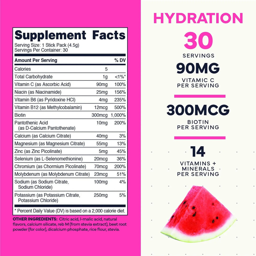 Type Zero Sugar Free Electrolytes Powder Packets + Clean Hydration Powder Stick Packs with 14 Vitamins and Minerals - Watermelon Flavor, 30 Servings - TrustMedUSA