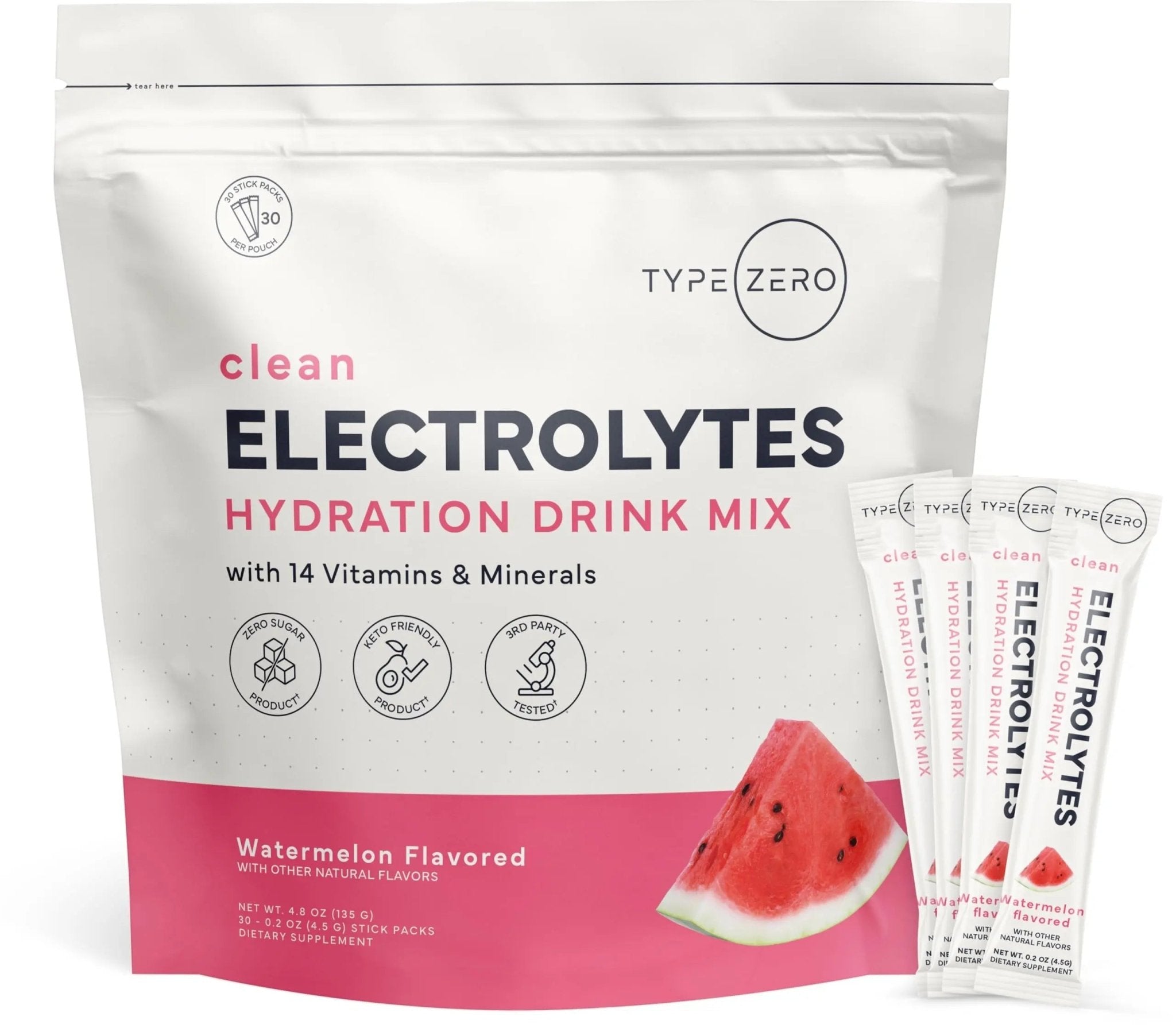 Type Zero Sugar Free Electrolytes Powder Packets + Clean Hydration Powder Stick Packs with 14 Vitamins and Minerals - Watermelon Flavor, 30 Servings - TrustMedUSA