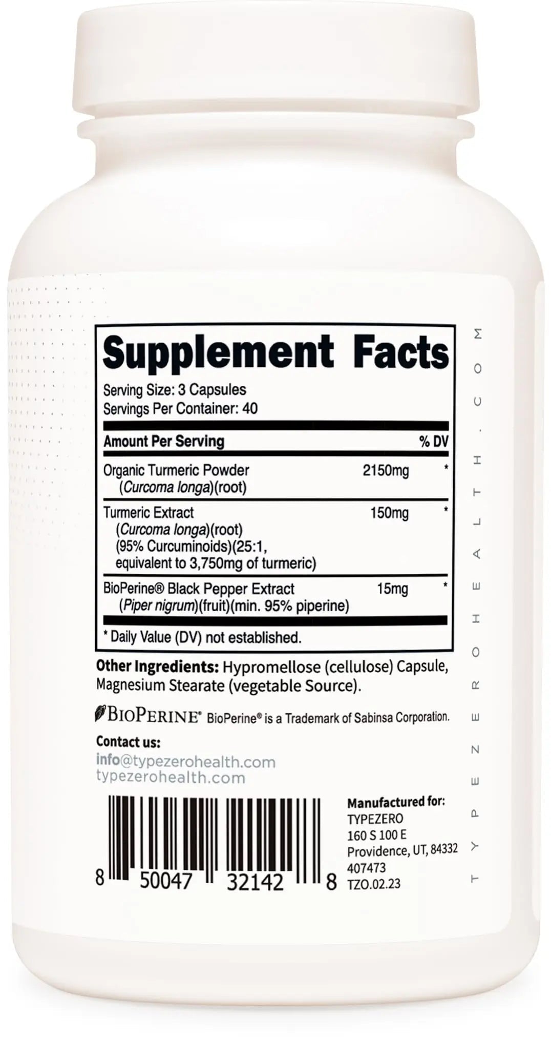 Type Zero Turmeric with Bioperine (120 Capsules) (2300mg per Serving) - GMO Free, Gluten Free, 3rd Party Tested - TrustMedUSA