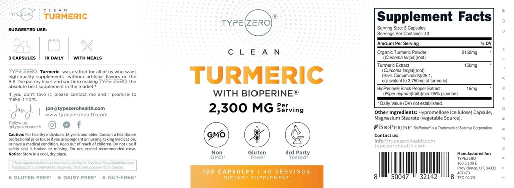 Type Zero Turmeric with Bioperine (120 Capsules) (2300mg per Serving) - GMO Free, Gluten Free, 3rd Party Tested - TrustMedUSA