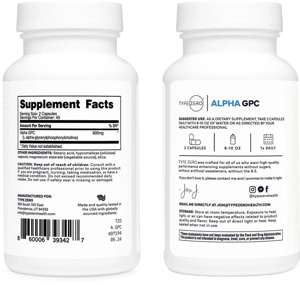 Type Zero Ultra Clean Alpha GPC Choline Supplement (600mg | 90 Capsules) Soy Free, Non-GMO Nootropics Alpha GPC 600mg / 300mg; Alpha-GPC Brain Memory and Focus Supplements - TrustMedUSA