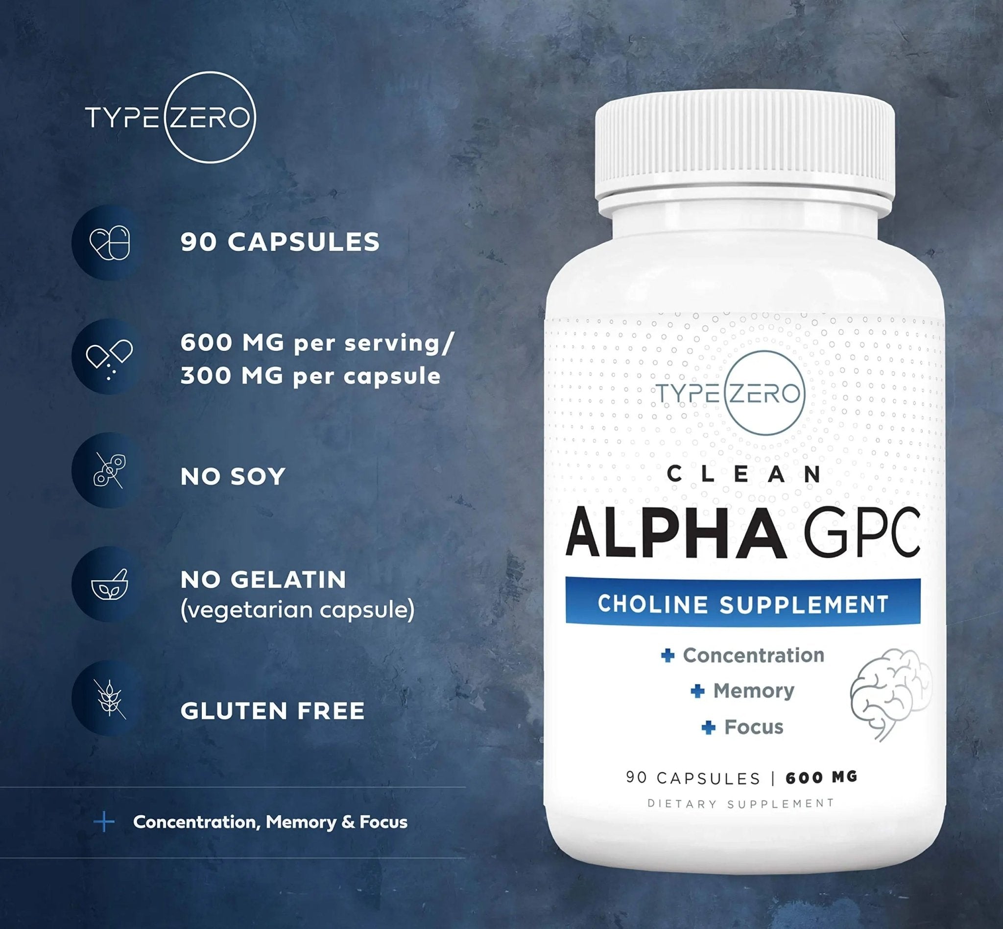 Type Zero Ultra Clean Alpha GPC Choline Supplement (600mg | 90 Capsules) Soy Free, Non-GMO Nootropics Alpha GPC 600mg / 300mg; Alpha-GPC Brain Memory and Focus Supplements - TrustMedUSA