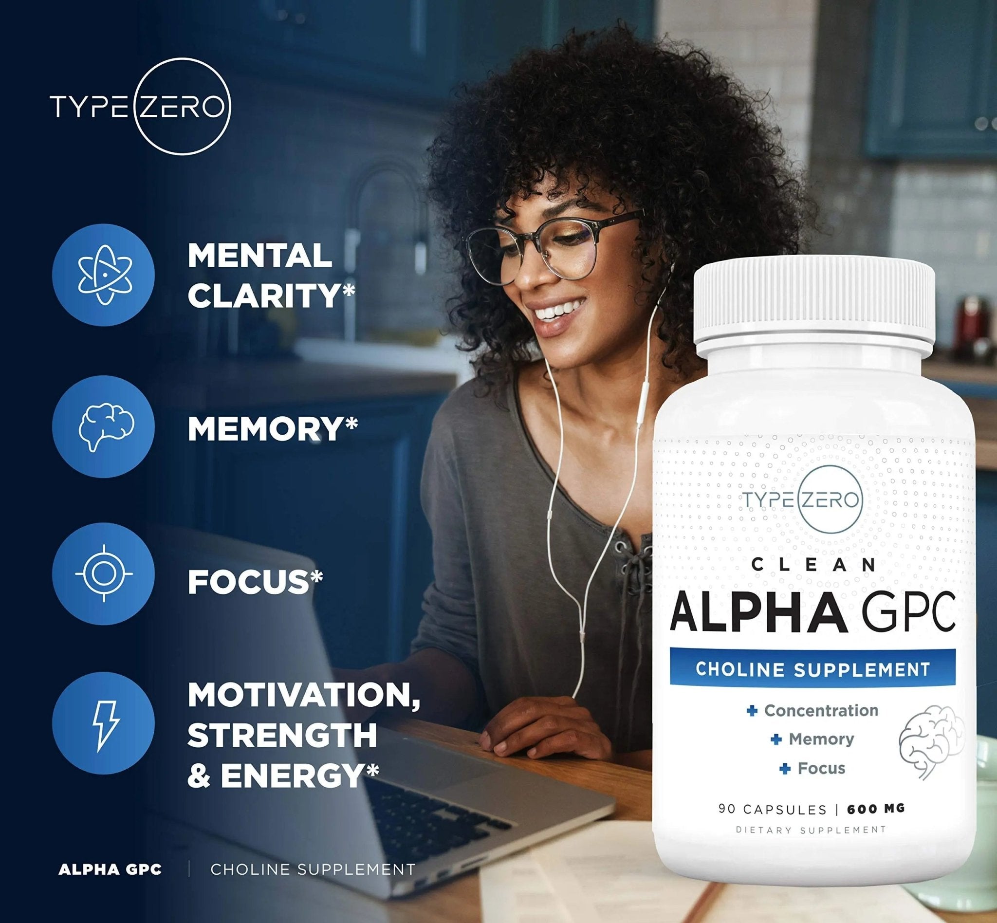 Type Zero Ultra Clean Alpha GPC Choline Supplement (600mg | 90 Capsules) Soy Free, Non-GMO Nootropics Alpha GPC 600mg / 300mg; Alpha-GPC Brain Memory and Focus Supplements - TrustMedUSA