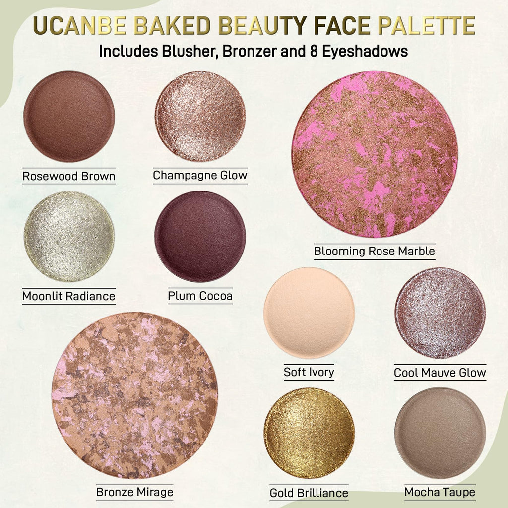 UCANBE Full Size Baked Makeup Palette Set - Include Blush, Bronzer, 8 Eyeshadows & Brushes, Pigmented All-in-One Face & Eye Compact Powder Beauty Holiday Gift Kit for Starter & Pros, Travel Friendly - TrustMedUSA