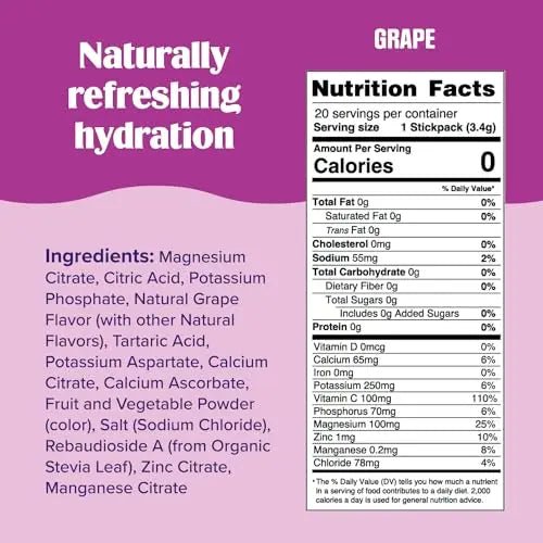 Ultima Replenisher Daily Electrolyte Drink Mix – Grape, 20 Stickpacks – Hydration Packets - TrustMedUSA