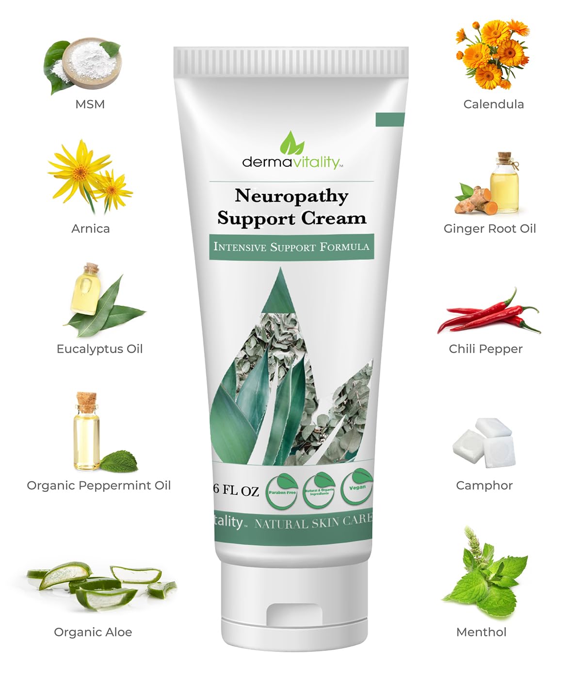 UltimateVitality Neuropathy Support Cream – Natural Organic Cream for Feet, Hands, Legs, Toes Includes Arnica, Capsicum Frutescens Fruit Extract, Peppermint a Ginger - 6 Ounces - TrustMedUSA