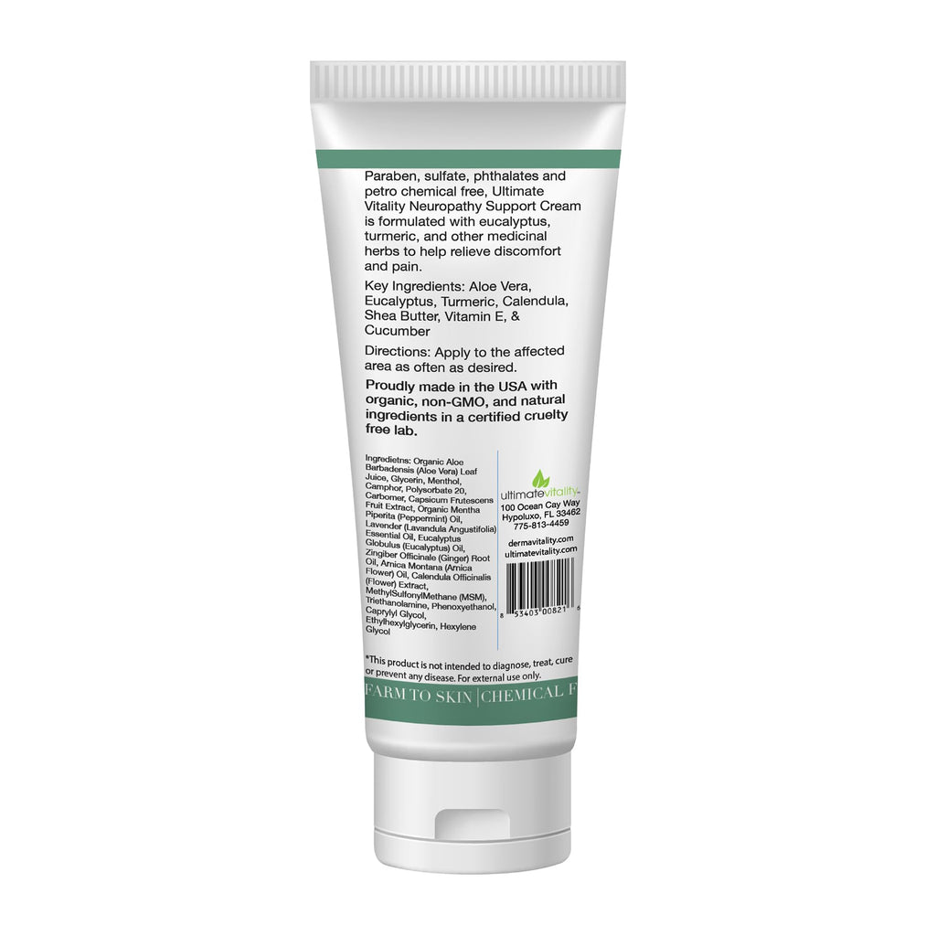 UltimateVitality Neuropathy Support Cream – Natural Organic Cream for Feet, Hands, Legs, Toes Includes Arnica, Capsicum Frutescens Fruit Extract, Peppermint a Ginger - 6 Ounces - TrustMedUSA