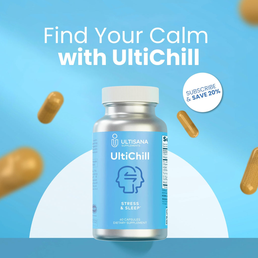 Ultisana UltiChill Stress Relief Supplement, Non-Drowsy | for Enhanced Mood, Immune Booster & Sleep Support | Magnesium Glycinate, Vitamin B6, KSM-66 Ashwagandha, Turmeric & 5-HTP | Non-GMO, 60 Count - TrustMedUSA